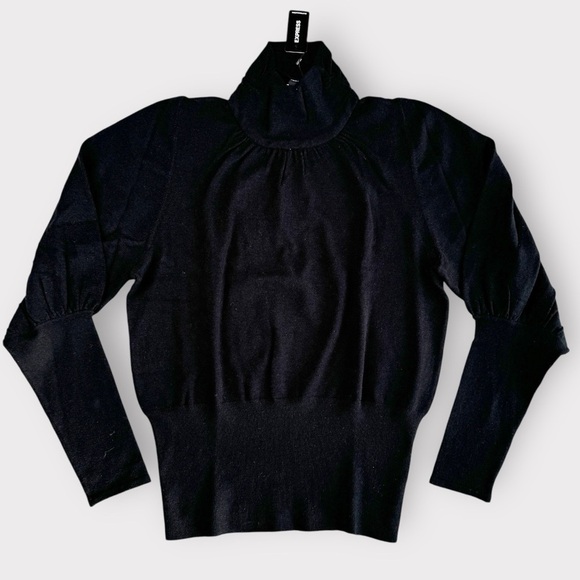 EXPRESS High Ribbed Blouson Sleeve‎ Turtleneck Sweater Black S Party Office New - Picture 6 of 13